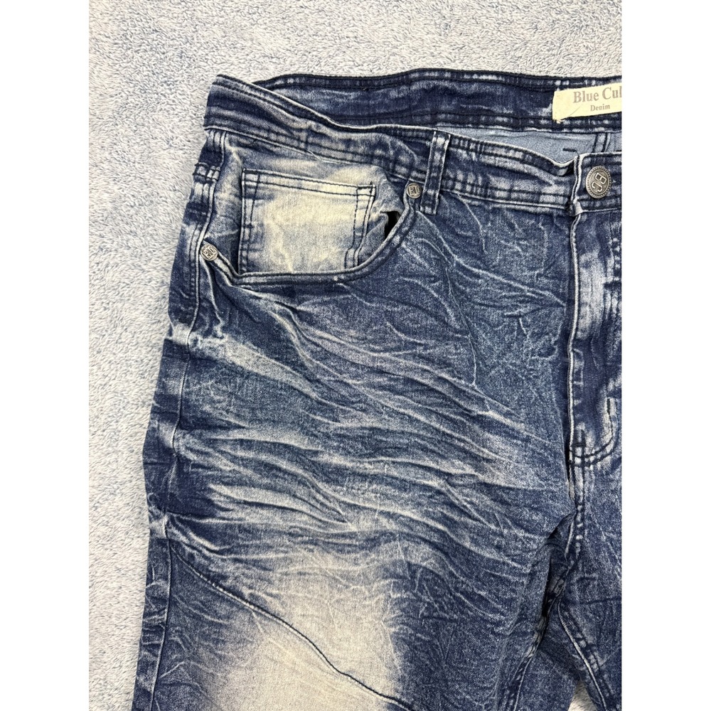 Blue Cult Mens 44 Blue Acid Wash Moto Denim Jeans Whiskered Crinkled Streetwear - Picture 5 of 16